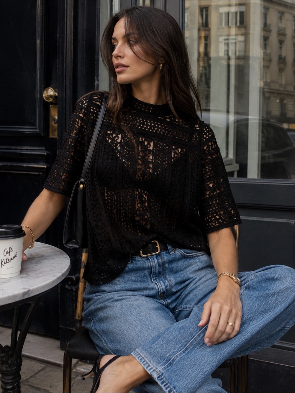 LOFT Black Lace Sheer Mock Neck Romantic Boho Top XS